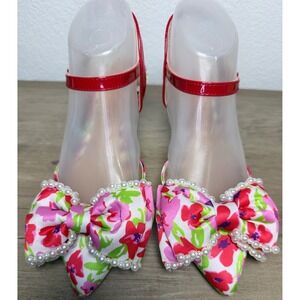Betsey Johnson Emely Floral Pearl Bow Kitten Heels Red Pink Satin Pumps 7.5M